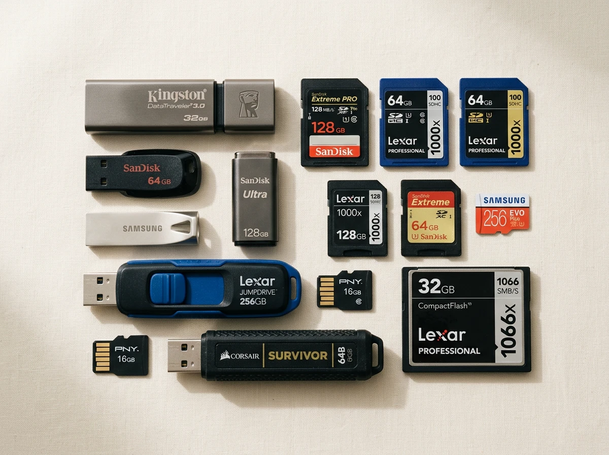 Vari tipi di memorie: schede SD, microSD, chiavette USB e CompactFlash