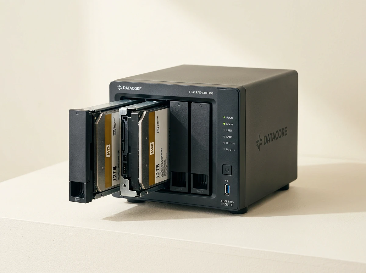 NAS desktop a 4 bay con cassetti dischi parzialmente estratti